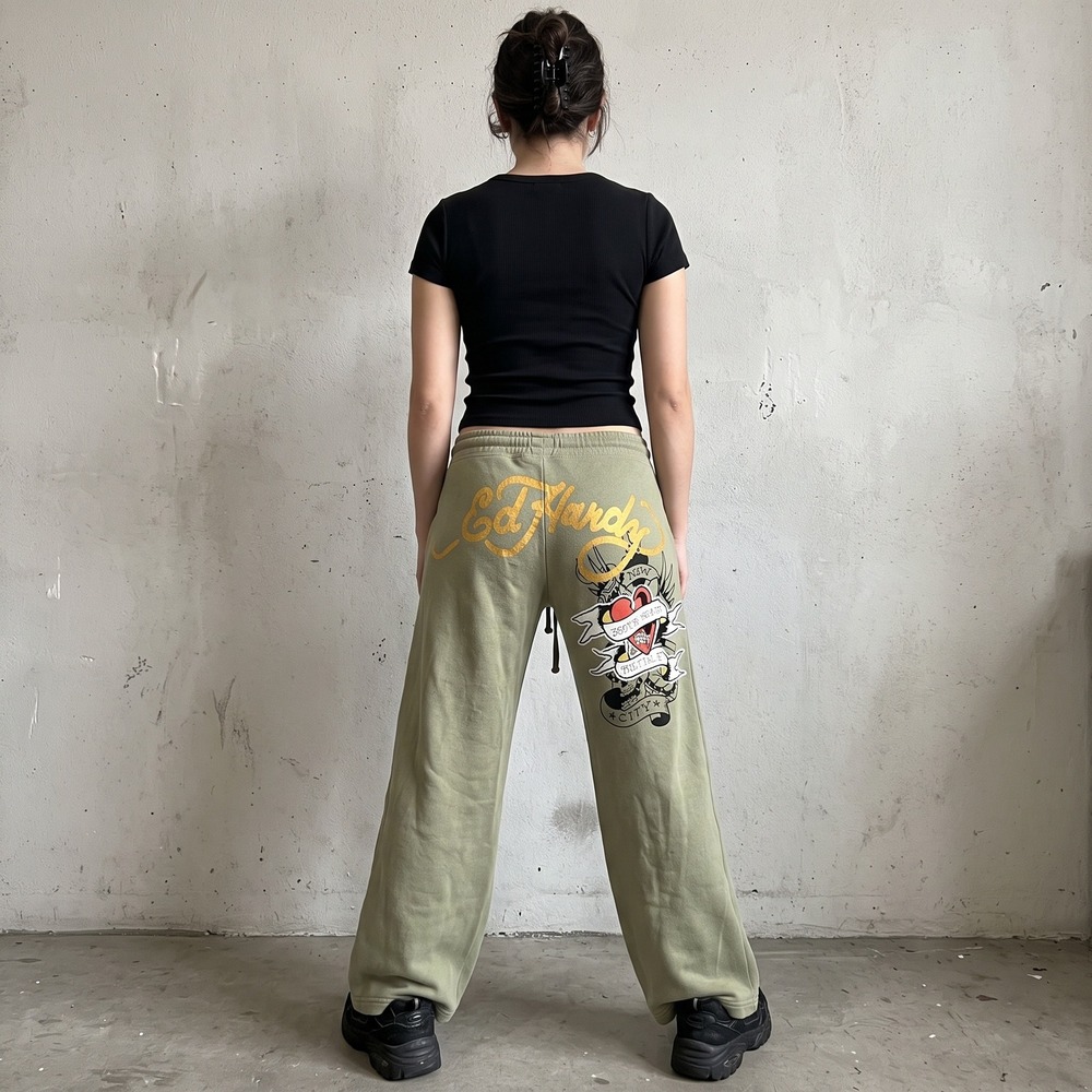 Ed Hardy Womens Pants Medium Green Wide Leg Graphic Tattoo Y2K Streetwear